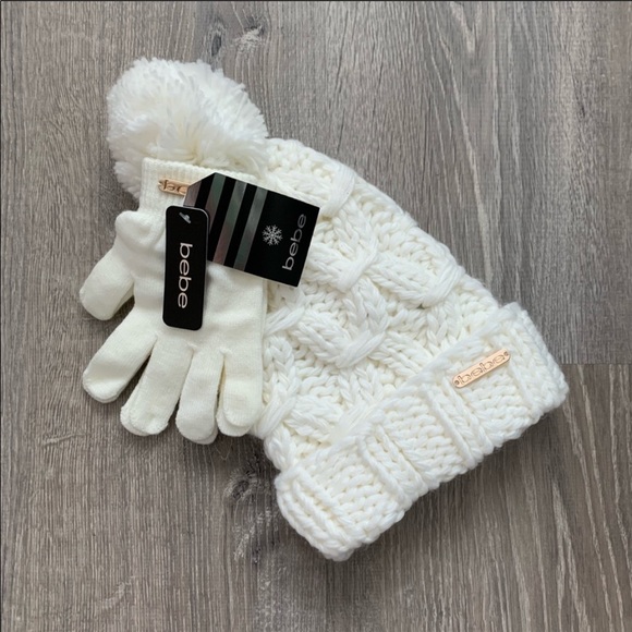 bebe Accessories - NWT Bebe White Pom-Pom Hat and Gloves Set